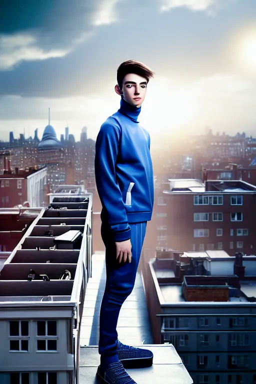 Image similar to un ultra high definition studio quality photographic art portrait of a young man standing on the rooftop of a british apartment building wearing soft padded silver pearlescent clothing. three point light. extremely detailed. golden ratio, ray tracing, volumetric light, shallow depth of field. set dressed.