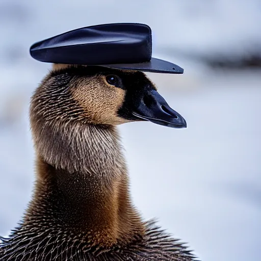 Image similar to A Canadian goose wearing a mountie hat and outfit, photo, 8k