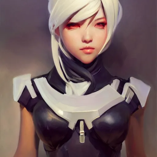 Image similar to greg manchess portrait painting of yorha no. 2 type b as overwatch character, medium shot, asymmetrical, profile picture, organic painting, sunny day, matte painting, bold shapes, hard edges, street art, trending on artstation, by huang guangjian and gil elvgren and sachin teng