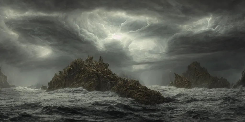 Image similar to photorealistic strange concept art of cthulhu emergin from the sea, by katrina van grouw and bruce mahalski. an epic landscape, with ominous storm clouds, a gentle rising mist. occult photorealism, uhd, amazing depth, glowing, golden ratio, 3 d octane cycle unreal engine 5, volumetric lighting, cinematic lighting, cgstation artstation concept art