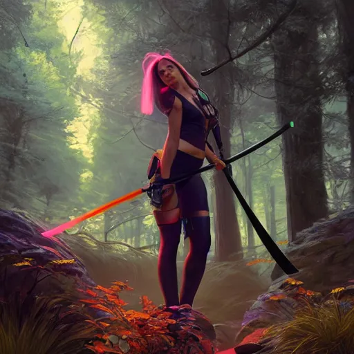 Image similar to woman with neon katana in a forest at night, highly detailed, professional digital painting, Unreal Engine 5, Photorealism, HD quality, 8k resolution, cinema 4d, 3D, cinematic, professional photography, art by artgerm and greg rutkowski and alphonse mucha and loish and WLOP