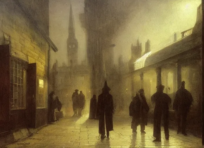 Prompt: 1 9 th century london, art by caspar david friedrich, thomas lawrence, john martin, dark, shady alleys, pub, pub sign, floor fog, coherent composition,