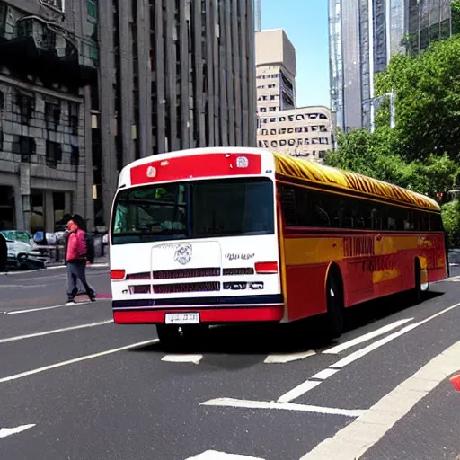 Prompt: Twopart buses, new on the routes, creep the crosstown blocks like giant insects.