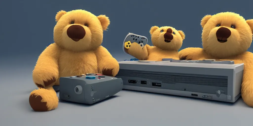 Image similar to two fluffy bears playing nintendo with tv from 1 9 7 0, octane render, 8 k resolution, cinematic