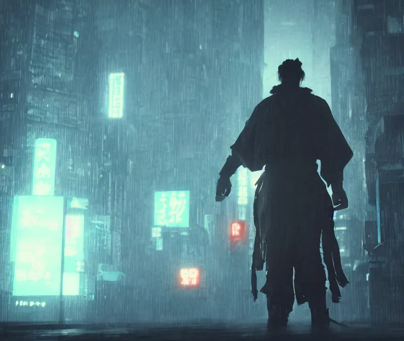 Image similar to 'a samurai in night city cyberpunk thematic , gloomy and foggy atmosphere, octane render, artstation trending, horror scene, highly detailded'