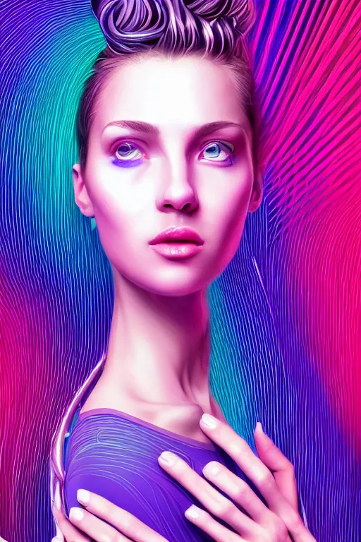 Image similar to a award winning half body portrait of a beautiful woman with stunning eyes in a croptop and cargo pants with ombre purple pink teal hairstyle and hands in pockets by thomas danthony, surrounded by whirling illuminated lines, outrun, vaporware, shaded flat illustration, digital art, trending on artstation, highly detailed, fine detail, intricate