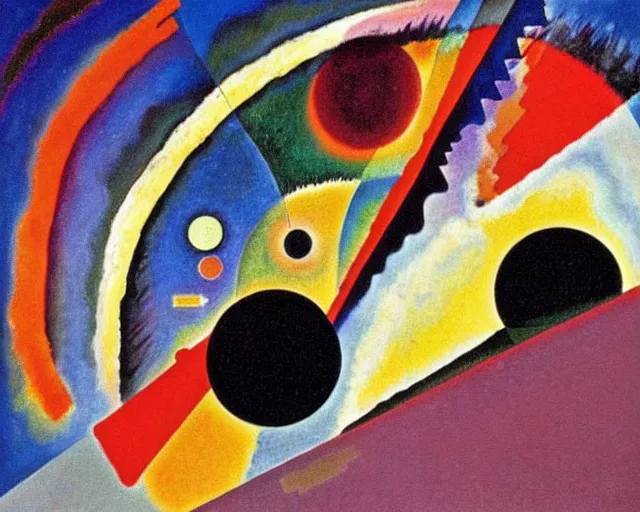 Image similar to a Kandinsky painting of 2001 a Space Odyssey by Stanley Kubrick