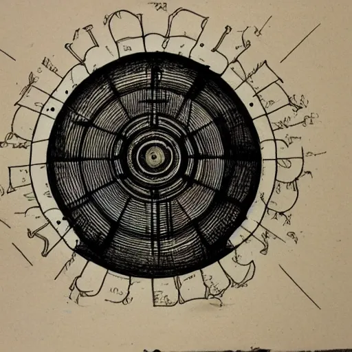 Prompt: alien spaceship technical drawing, in a frame, detailed with notes, style of davinci