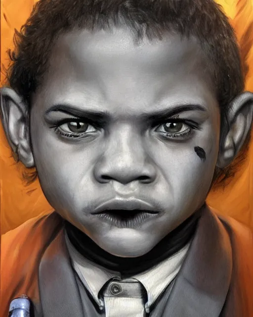 Image similar to portrait of a 7 year old child gang leader, gritty, wearing a suit, smoking, criminal, very detailed eyes, hyperrealistic, very detailed painting by Glenn Fabry, by Joao Ruas, by Artgerm