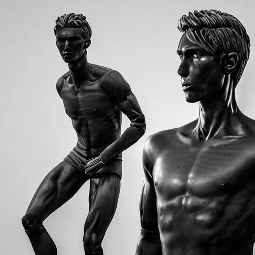 Prompt: a realistic detailed photo of a guy who is an attractive humanoid who is half robot and half humanoid, who is a male android, soccer player frenkie de jong, shiny skin, posing like a statue, blank stare, in a living room, on display, showing off his muscles, with a twin