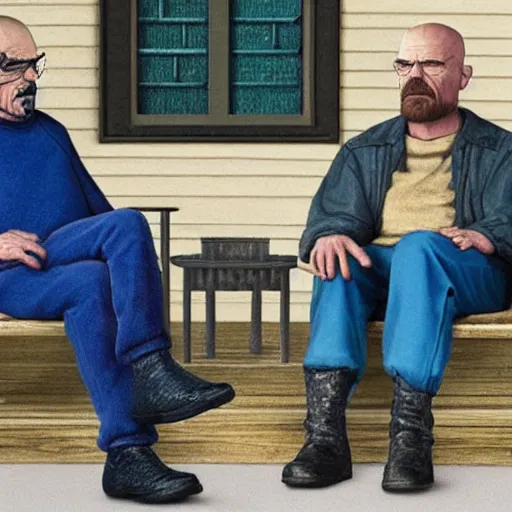 Prompt: walter white and thanos sitting on a porch talking about life, smoking, detailed,