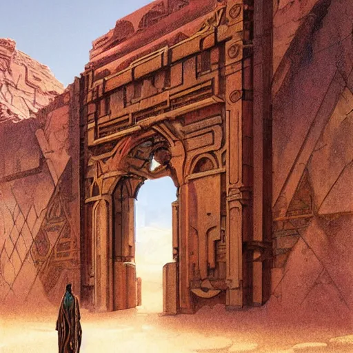 Prompt: art nouveau gate leading into rock-cut cyberpunk temple with Nabatean geometric decorations, figures cloaked in robes standing outside, hardy desert bushes, science fiction concept art by greg rutkowski and wayne barlowe and alphonse mucha