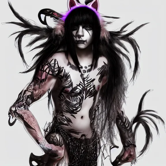 Prompt: emo boy with cat ears and tail and covered in tribal body paint, fantasy artwork, award winning, hyper detailed, very very very very very very very very very very very very very very very very very beautiful, studio lighting, artstation