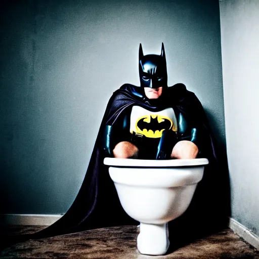 Image similar to close shot photo of batman sitting on a toilet, dirty tiles in the wall, tight room, dramatic lights, dark colours