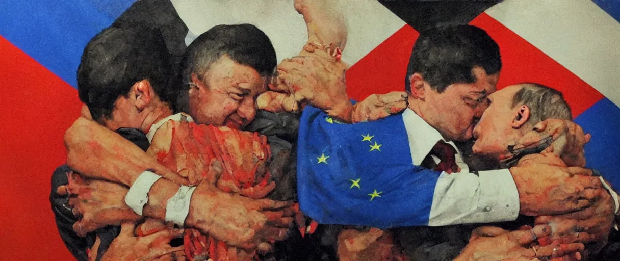 Image similar to volodymyr zelensky hugging and kissing vladimir putin, dramatic torn ukraine and russian flag in the backround, hd artstation, igor v babailov, joan baez, dean cornwell, norman rockwell, ilya kuvshinov, j c leyendecker, victo ngai, mc clelland barclay, cinematic, wide angle shot
