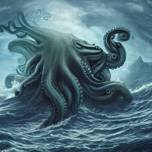 Prompt: huge sea monster, cthulhu, octopus, tentacles, towering over you, colossal giant, mythical sea creature, epic, waves, rough ocean, gigantic huge sea monster, extremely detailed, intricate digital art, 8 k