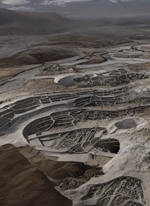 Image similar to bioremediation white architecture, in the mining tailings of chuquicamata, epic, cinematic, hyperealistic, high detailed, corona render, hdr, ray tracing