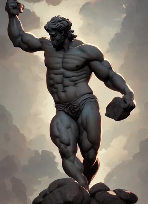 Prompt: stone statue of hercules, in the style of artgerm and charlie bowater and atey ghailan and mike mignola, vibrant colors and hard shadows and strong rim light, comic cover art, plain background, trending on artstation