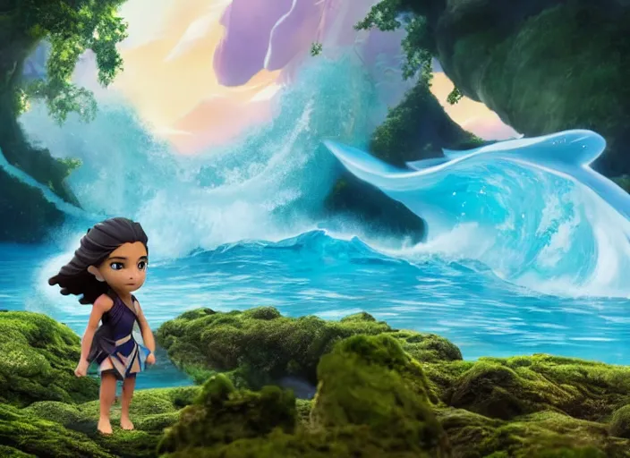 Prompt: katara from avatar as nendoroid is summoning a giant wave from a lake in a forest, in the croods movie style, anime, disney, pixar, 8 k, hd, dof, kodak film, volumetric lighting, subsurface scattering, photorealistic, octane render, details