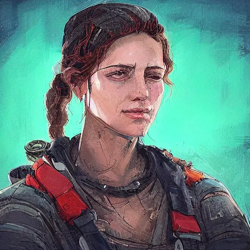 Image similar to “a mid distance portrait of woman wearing a survival outfit, lots of gear. Junkyard in the background. Science fiction. Intricate digital painting. Character portrait. Character design. Concept art. Symmetrical face. Detailed realistic face.”