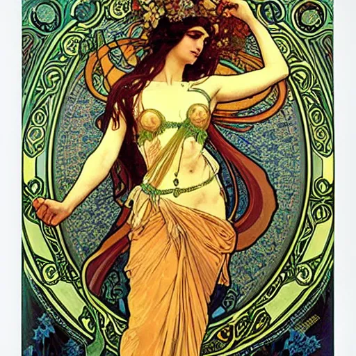 Image similar to persephone as godess of death, painted by alphonse mucha