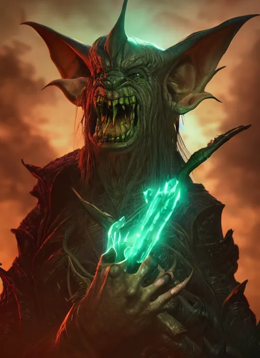 Image similar to evil goblin ultra detailed fantasy, elden ring, realistic, dnd character portrait, full body, dnd, rpg, lotr game design fanart by concept art, behance hd, artstation, deviantart, global illumination radiating a glowing aura global illumination ray tracing hdr render in unreal engine 5