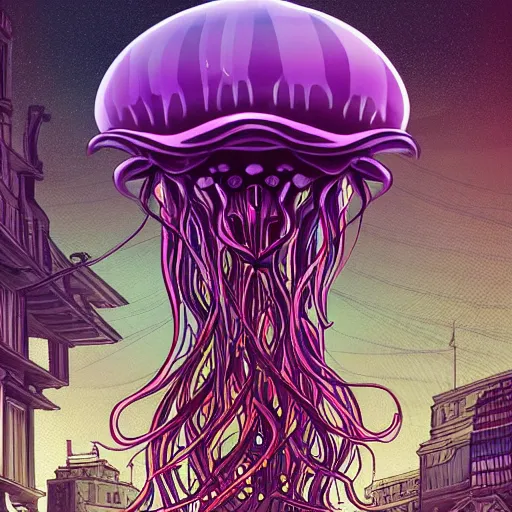 Prompt: hyperdetailed childrenbook illustration of a voluptuous elegant huge baroque jellyfish, with cyberpunk details. seen from the distance. hd matte halo