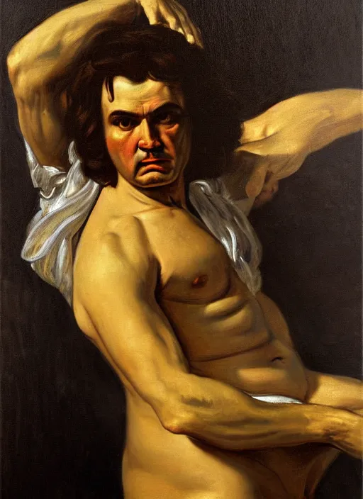 Image similar to highly detailed oil painting | very intricate | cinematic lighting | black, white and gold color scheme, dark background | the beast ludwig van beethoven in meditation | by roberto ferri, by gustav moreau, by singer sargent and klimt, american romanticism, occult art | by austin osman spare, artstation, cgsociety, official art, octane