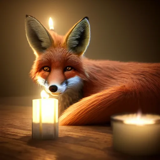 Prompt: a beautiful hyper realistic ultra detailed lifelike matte painting of a fox in front of a candle, unreal engine, deviantart, flickr, artstation, octane render, textured, colorful, extreme realistic detail, physically based rendering, pbr render, very detailed, volumetric lighting, detailed lighting, octane render, 4 k, cinematic lighting, 8 k resolution