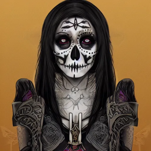 Image similar to A portrait of the character, Death, a young Goth girl with an elaborate facial tattoo of an Ankh