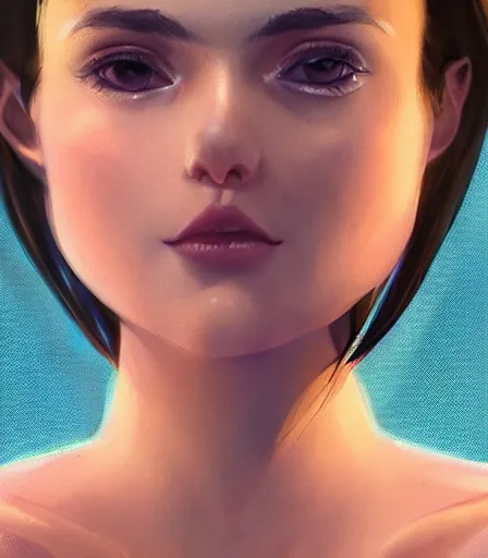 Image similar to beautiful portrait of an insanely gorgeous woman with blue eyes, brown hair and a perfect body, character design by charlie bowater, ross tran, artgerm, and makoto shinkai, detailed, soft lighting, rendered in octane