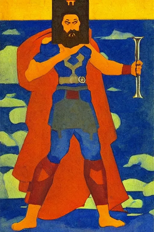 Image similar to thor holding the hammer, marvel, artwork by nicholas roerich,