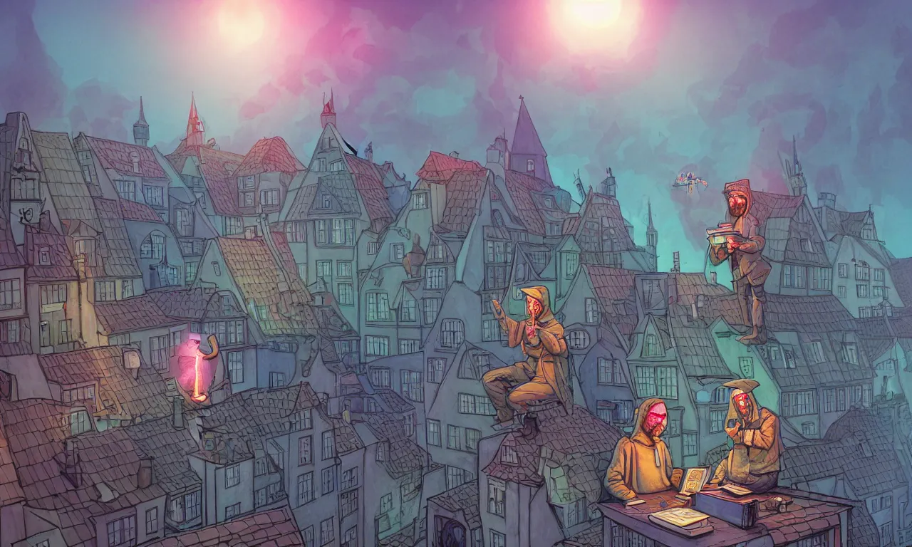 Prompt: hacker and wizard on roofs of copenhagen, faked service ticket, kerberos realm, wizard reads a directory, nordic pastel colors, torg, 3 d art, digital illustration, perfect lighting