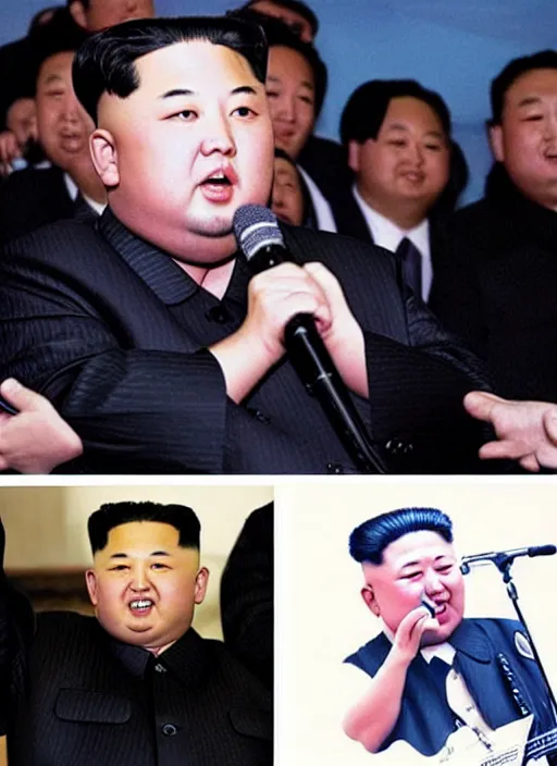 Image similar to “Kim Jong-Un with long hair singing in a death metal band.”