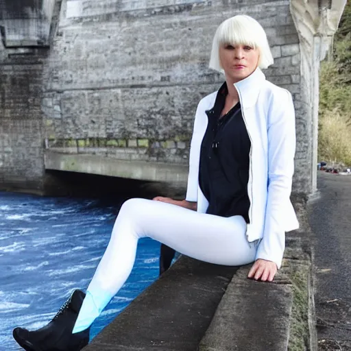 Prompt: Platinum-blonde-haired hime-cut blue-eyed French empress wearing white leggings, black jacket, boots, sitting under bridge, destitute