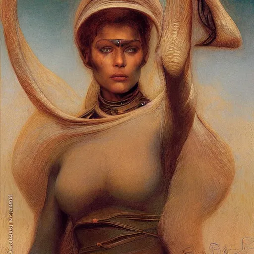Image similar to masterpiece full body portrait of a beautiful female Fremen on Dune, by Edgar Maxence and Ross Tran and Michael Whelan and Gustav Klimpt