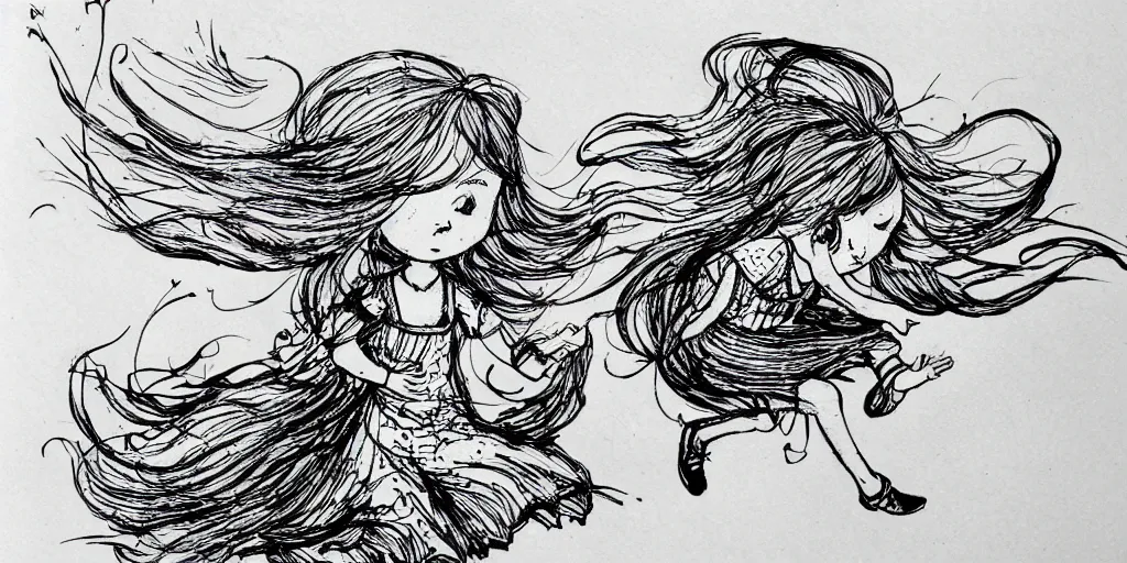 Image similar to ink lineart drawing of a chibi girl running, mange style, white background, etchings by goya, chinese brush pen illustration, high contrast, deep black tones, contour