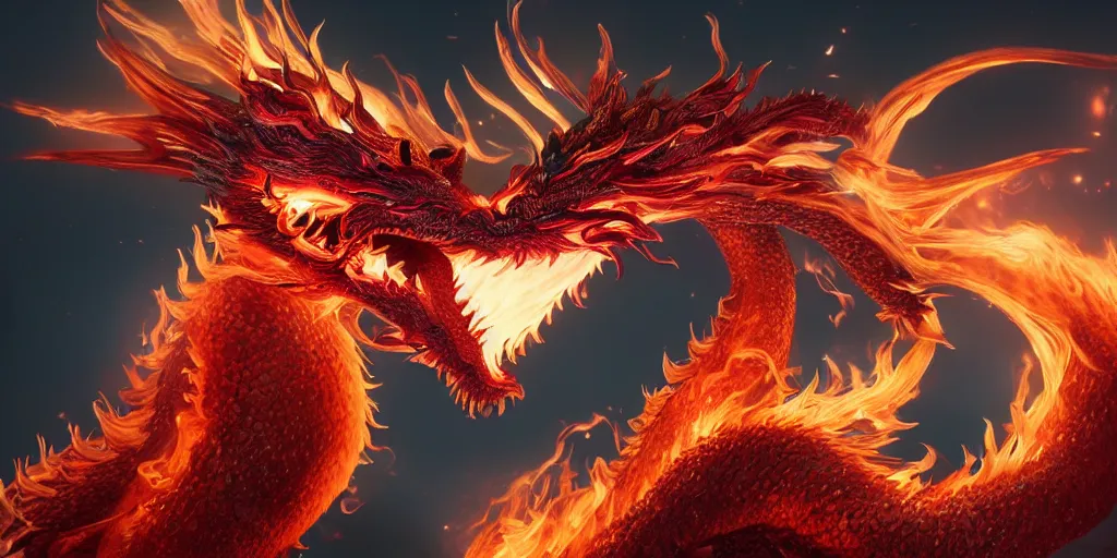 Prompt: a very very beautiful Chinese Fire Dragon on a black background, character design, Octane Render, 4k, photoreal, ultra-detailed