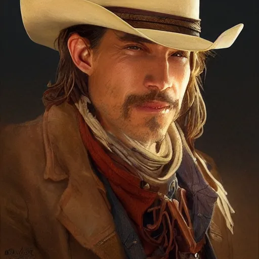 Image similar to a man, cowboy hat, portrait, wild west, fantasy, highly detailed, digital painting, artstation, concept art, sharp focus, illustration, art by artgerm and greg rutkowski and alphonse mucha