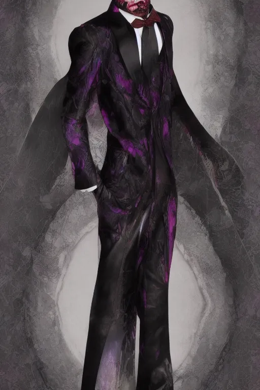 Prompt: hyper realistic male macabre gothic powersuit dapper look artwork of high - end haute couture bespoke with leather fashion by ali sabet, lisa frank & sho murase