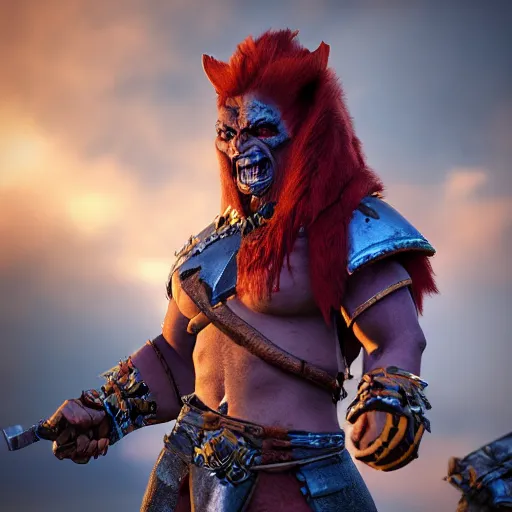 Image similar to beautiful redhead orc with warrior outfit, clash royal style characters, unreal engine 5, octane render, detailed, cinematografic, cinema 4 d