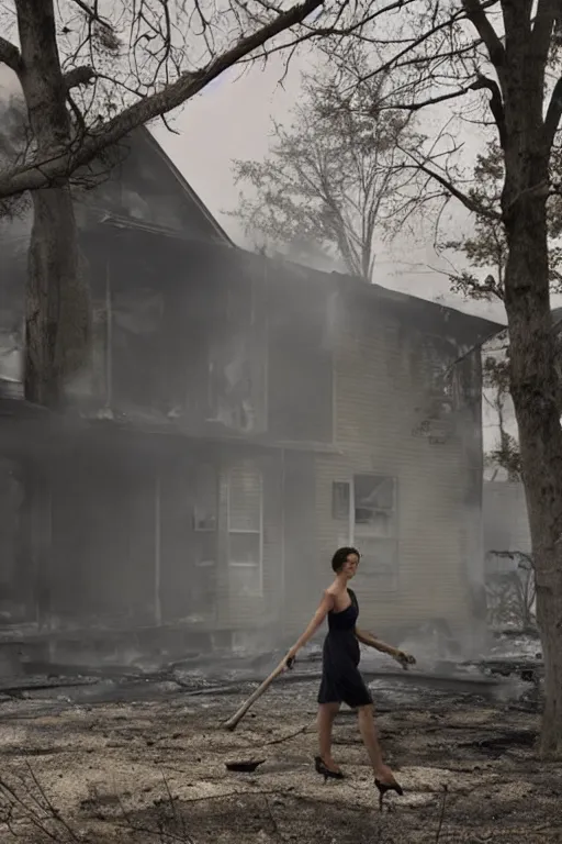 Prompt: Gregory Crewdson Phography, A woman walks calmly while her house is on fire