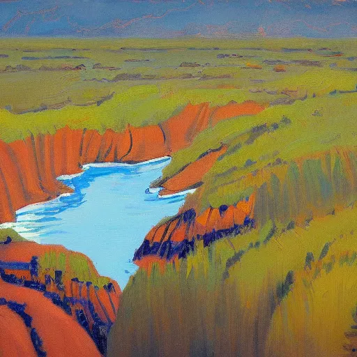 Image similar to painting of a lush natural scene on an alien planet by wayne thiebaud. beautiful landscape. weird vegetation. cliffs and water.