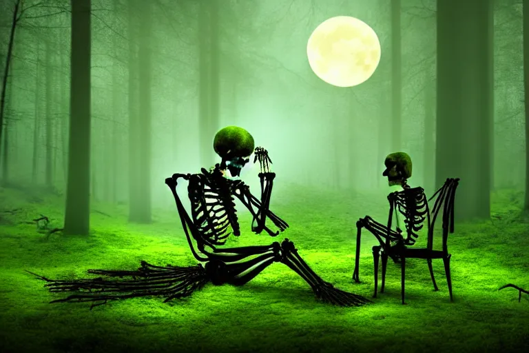 Image similar to a burning with fire human skeleton sitting behind computer, overgrown with moss, in foggy forest, at night with moon light, dark atmosphere, fantasy, digital art