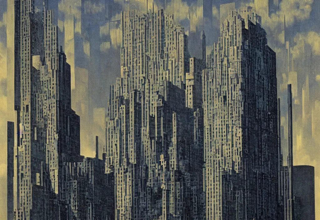 Prompt: Cyberpunk Golconda by Magritte.