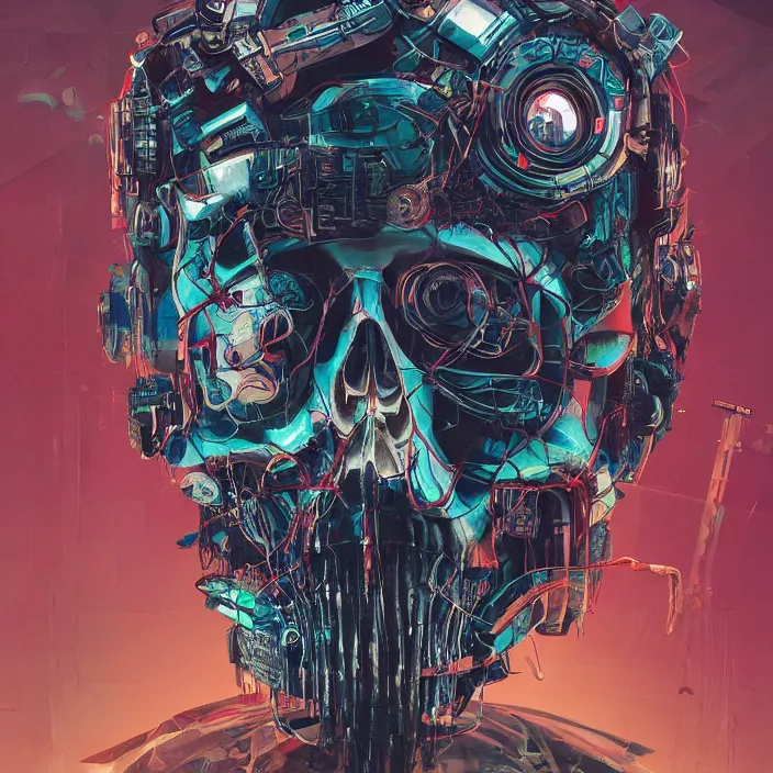 Image similar to a beautiful painting of a cyberpunk skull by james jean and pascal blanche and julian calle and nekro. in style of colorful comic noir illustration, symmetry, sci fi, hyper detailed. octane render. trending on artstation