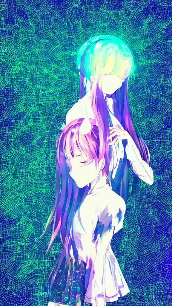 Prompt: Anime girl, glitchy, glitch art, Chromatic aberration, girl in white dress , halo over her head, nobody knows the future