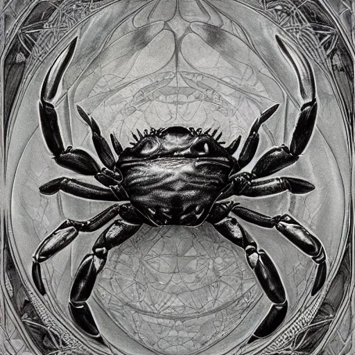 Image similar to detailed and sharp crab artwork, mystic style, detailed, 8 k, detailed, symmetrical, by brian froud