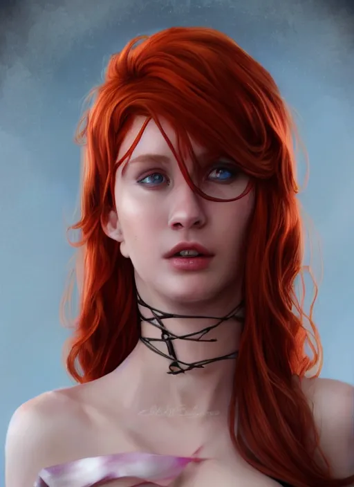 Image similar to Beautiful redhead girl which chest wrapped in bandages, portrait, fantasy, medieval, vivid colors, fantasy, elegant, concept art, sharp focus, beautiful face, digital art, Hyper-realistic, 4K, Unreal Engine, Highly Detailed, HD, Dramatic Lighting by Brom, trending on Artstation