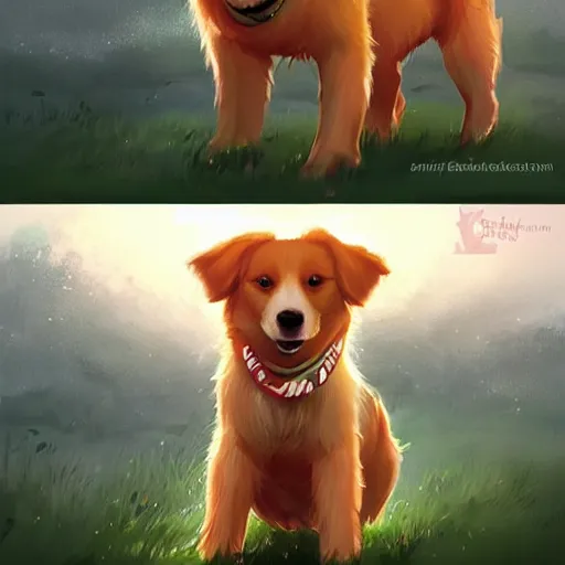 Prompt: A playful and fun-loving dog who loves nothing more than a good game of fetch or a belly rub. Despite their cheerful nature, they can't help but feel a little sad sometimes when they think about how their previous family abandoned them+happy+warm+artstation+smooth+detailed+rossdraws and greg rutkowski